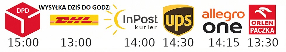 Wysyłka dziś do godziny – DPD 15:00, DHL 13:00, InPost 14:00, UPS 14:30, Allegro One 14:15, Orlen Paczka 13:30